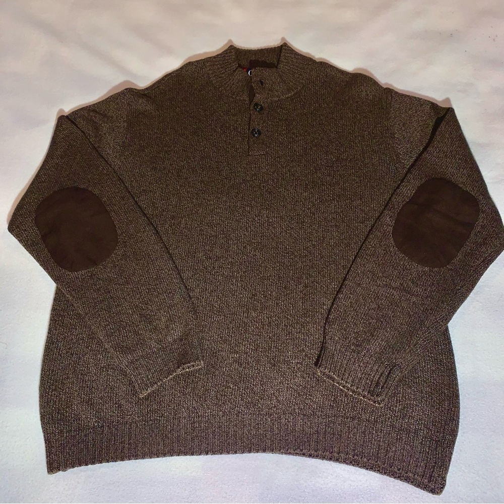 Vintage CHAPS Mens 100% Cotton Sweater Heather Brown XL elbow patches 1/4 button